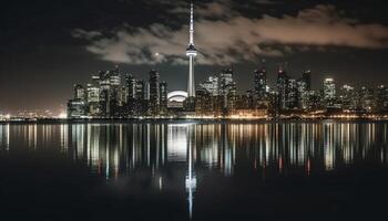 brillante ciudad luces reflejar en frente al mar rascacielos generativo ai foto