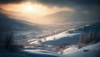 Tranquil winter landscape, mountain range back lit generative AI photo