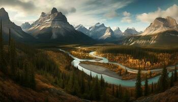 Majestic mountain range reflects tranquil autumn sunset generative AI photo