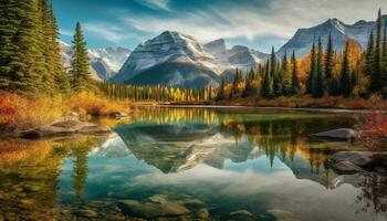 Majestic mountain range reflects tranquil autumn beauty generative AI photo