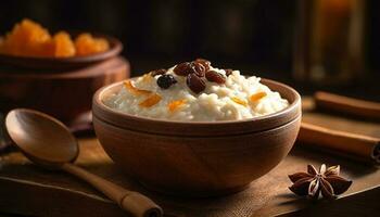 Healthy oatmeal dessert in rustic wooden bowl generative AI photo