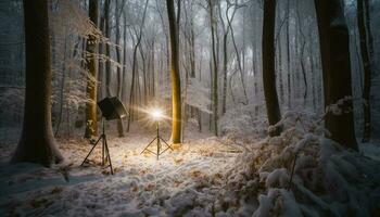 Winter forest illuminated by lantern at dusk generative AI photo