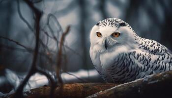 Snowy owl perching on branch, staring fiercely generative AI photo