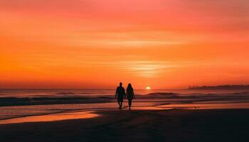 Two people in love walking on beach generated by AI photo