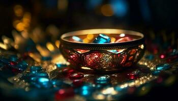 Glowing candle in ornate clay bowl shines bright generated by AI photo