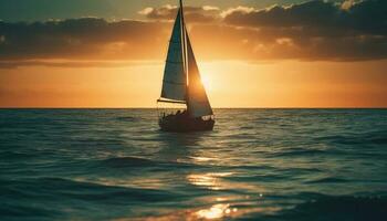 velero silueta se desliza en tranquilo puesta de sol aguas generado por ai foto