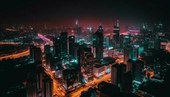 Illuminated city skyline, modern architecture, bustling nightlife generative AI photo