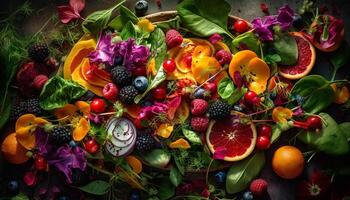 Fresh berry salad with ripe raspberry variation generated by AI photo