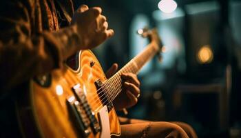 joven guitarrista punteo instrumentos de cuerda en acústico guitarra generado por ai foto