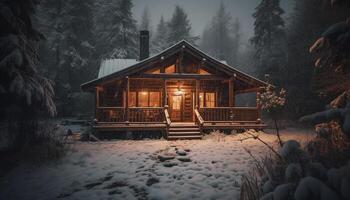 Illuminated log cabin in snowy forest landscape photo