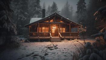 Illuminated log cabin in snowy forest landscape generative AI photo