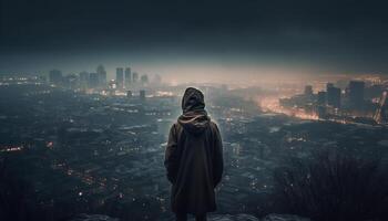 Silhouette of businessman walking in spooky cityscape photo