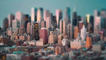 Illuminated city skyline glows in the twilight generated by AI photo