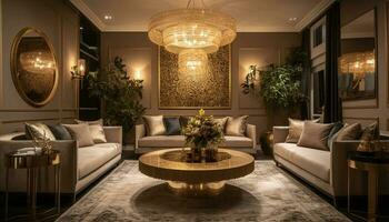 Luxury modern living room illuminated by chandelier generated by AI photo