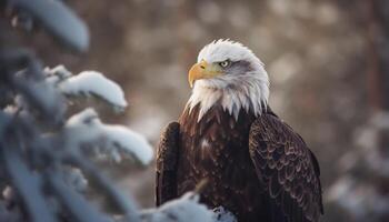 Majestic bald eagle perching on snowy branch generated by AI photo