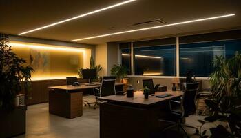 moderno oficina diseño con cómodo Sillón y ordenador portátil generado por ai foto