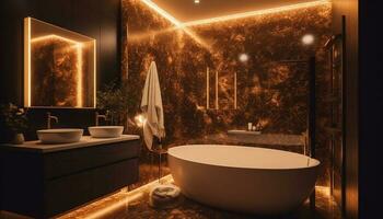 Luxury bathroom glows with elegant modern design generated by AI photo