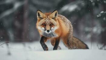 rojo zorro mirando linda en Nevado bosque generado por ai foto