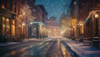 Illuminated city street snowing winter celebration footpath generated by AI photo