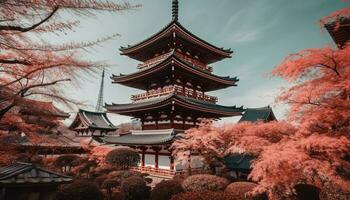 Ancient pagoda stands tall in autumn forest generated by AI photo