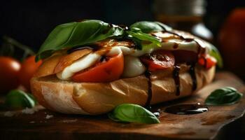 Grilled ciabatta sandwich with fresh mozzarella and tomato generated by AI photo