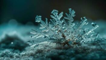 cristal copo de nieve brilla en glacial invierno rama generado por ai foto