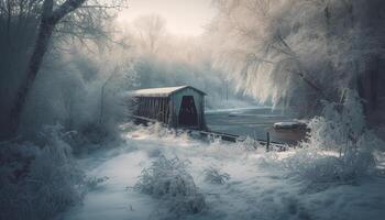 Frozen winter forest tranquil beauty in nature generated by AI photo