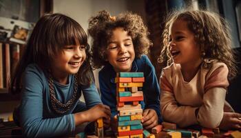 sonriente niños jugando juntos aprendizaje y unión generado por ai foto