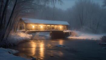 Winter night snowing tranquil scene illuminated cottage generated by AI photo