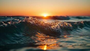 Sunset over water waves splashing on sand generated by AI photo