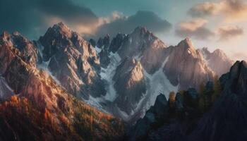 Majestic mountain range at dusk tranquil scene generated by AI photo
