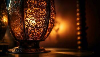 antiguo linterna iluminado mesa florido decoración brilla generado por ai foto