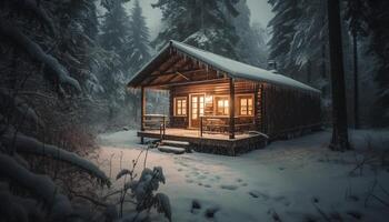 Illuminated cabin in snowy forest at night generated by AI photo