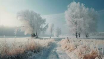Frosty winter forest tranquil beauty in nature generated by AI photo