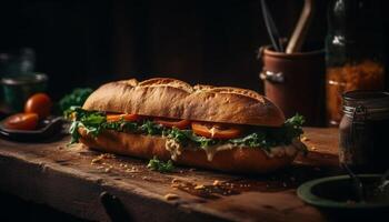 A la parrilla ciabatta emparedado con Fresco carne y vegetales generado por ai foto