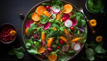 Fresco vegetal ensalada en de madera plato gastrónomo almuerzo generado por ai foto