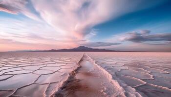 Tranquil sunset over majestic salt lake horizon generated by AI photo