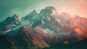 Majestic mountain range snow capped peak tranquil meadow generated by AI photo