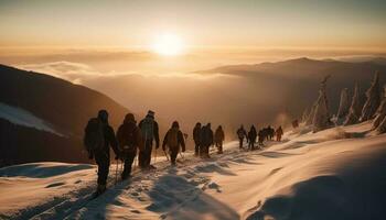 Men hiking mountain peak at sunset adventure generated by AI photo