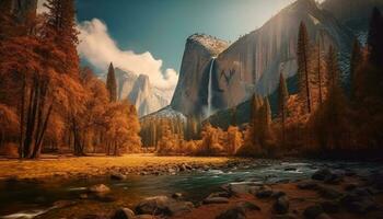 Majestic mountain peak reflects tranquil autumn beauty generated by AI photo