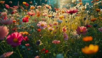 Wildflower meadow in vibrant multi colored blossom generated by AI photo