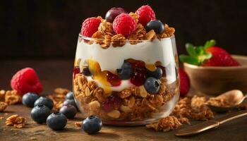 Fresh fruit parfait with granola and yogurt generated by AI photo