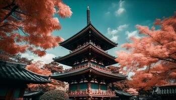 Ancient pagoda stands tall in autumn landscape generated by AI photo