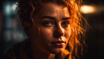 Confident young woman with wet brown hair generated by AI photo