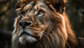 majestuoso león curioso con vigilancia en sabana generado por ai foto