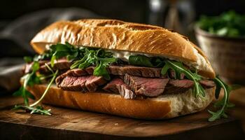 A la parrilla ciabatta emparedado con Fresco carne y vegetales generado por ai foto