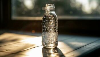 Fresco agua en vaso botella en de madera mesa generado por ai foto