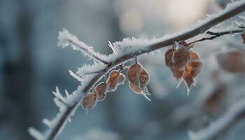 escarchado rama con copo de nieve modelo en invierno generado por ai foto