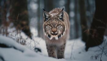 grande gato montés curioso manchado piel en nieve generado por ai foto