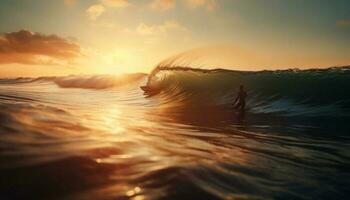 Surfing men catch barrel at Maui sunset generated by AI photo